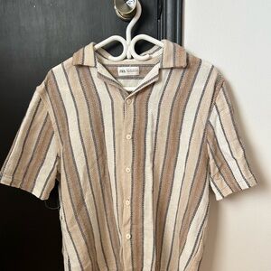 Zara Men's Striped Tan and White Shirt